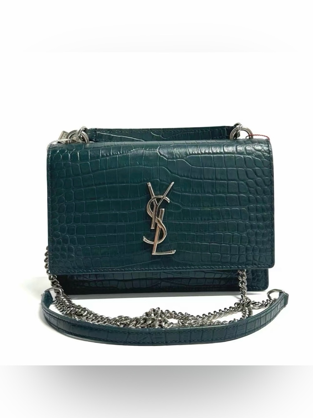 Saint Laurent Dark Green Croc-Embossed Leather Crossbody Bag w/ Dust Bag and Box